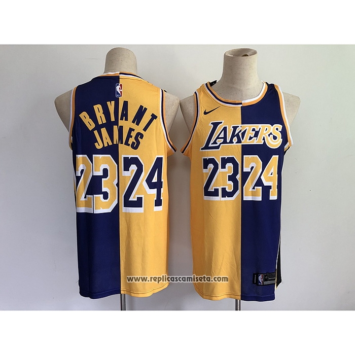 Camiseta Los Angeles Lakers Kobe Bryant LeBron James #24 23 Split Amarillo Violeta